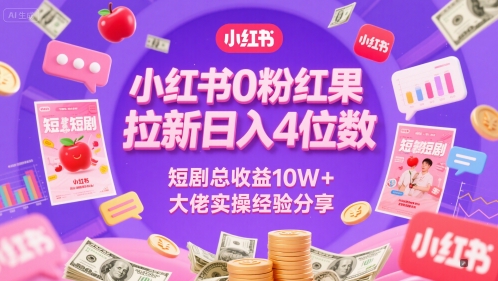 小红书0粉红果短剧拉新日入4位，数短剧总收益10W+大佬实操经验分享-多金网赚