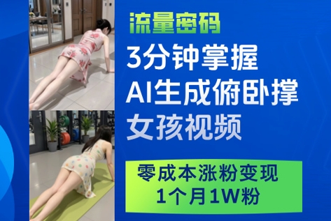 3分钟掌握AI生成俯卧撑女孩视频，零成本涨粉变现，1个月1W粉-多金网赚网