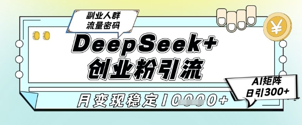 DeepSeek+创业粉精准引流，全新分享课4.0玩法，AI矩阵日引300+，多种变现方式，稳定月入1W-多金网赚