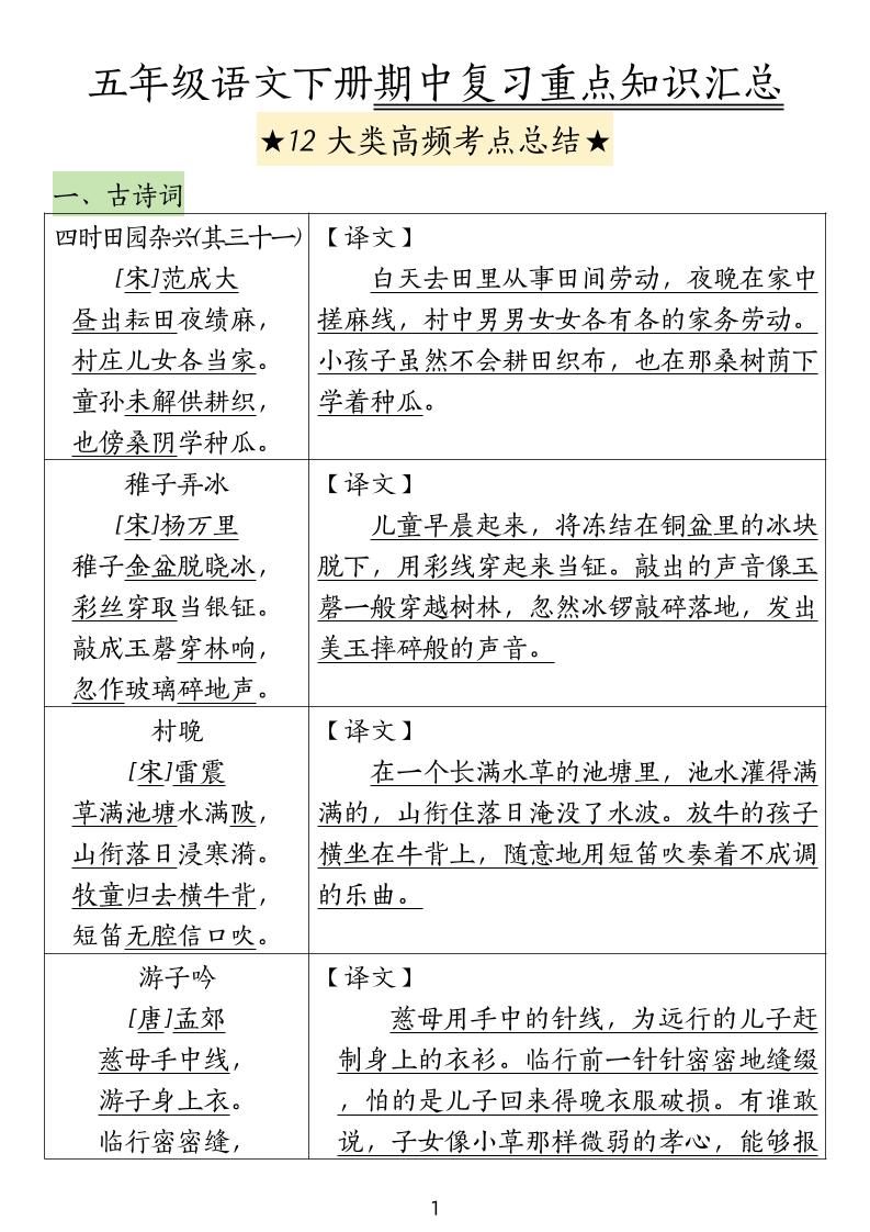 五下语文期中高频考点总结-多金网赚