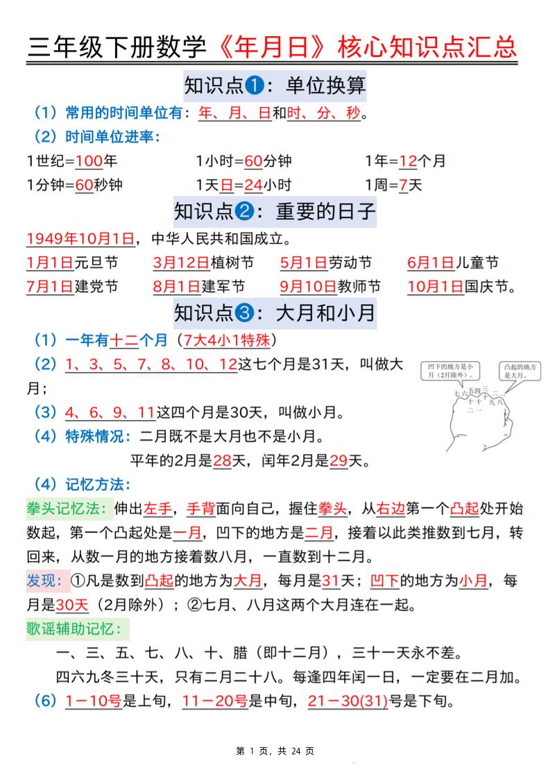 三下数学《年月日》核心知识点汇总+计算技巧+六大考点必刷题（练习+答案24页）-多金网赚