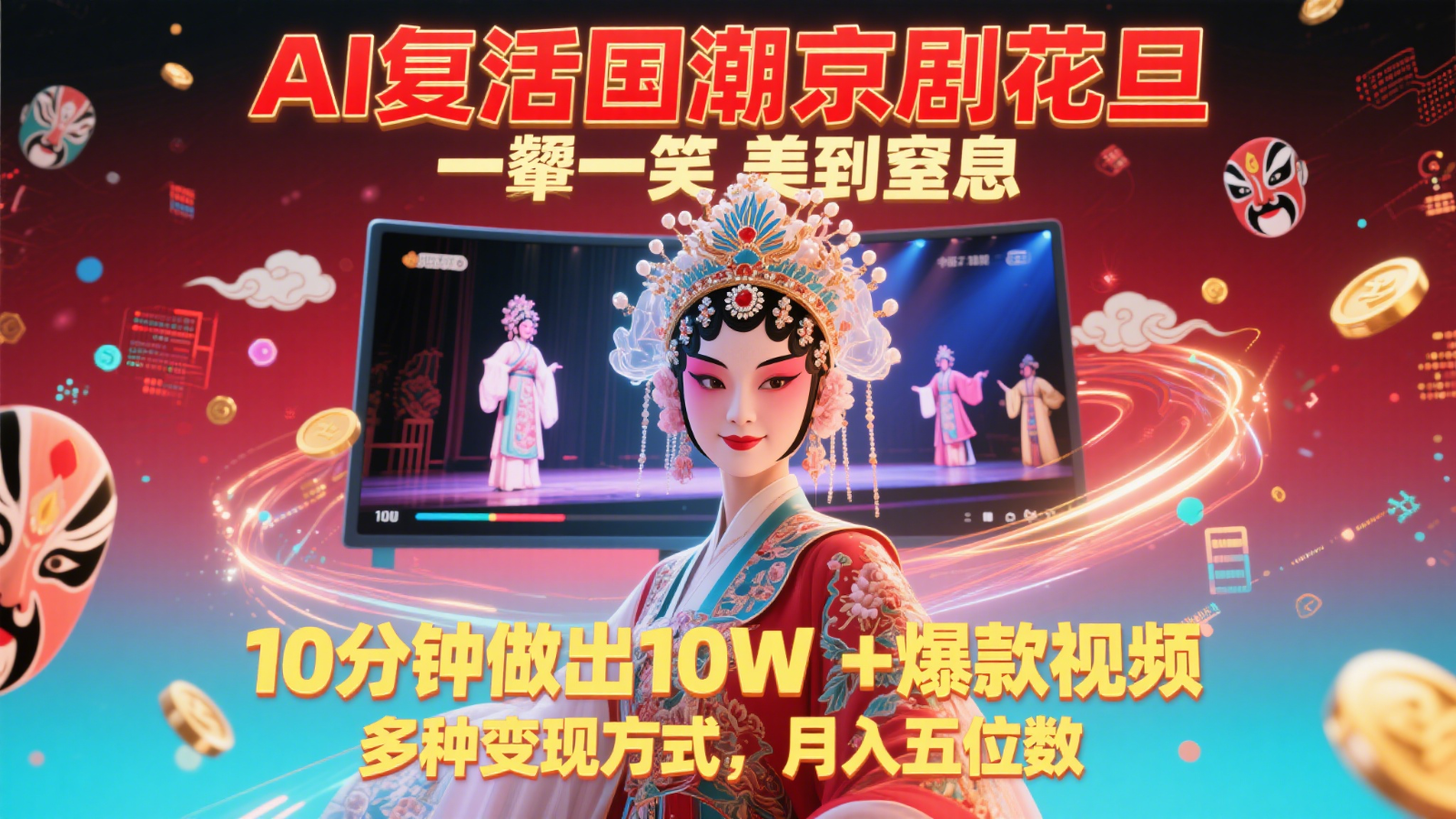 AI复活国潮京剧花旦，一颦一笑美到窒息，10分钟做出10W+爆款视频，多种变现方式-多金网赚
