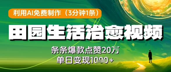 利用AI免费制作田园生活治愈视频，条条爆款点赞20W，单日变现几张-多金网赚网
