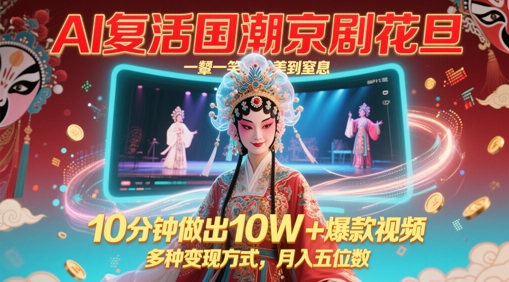 AI复活国潮京剧花旦，一颦一笑美到窒息，10分钟做出10W+爆款视频，多种变现方式，月入五位数-多金网赚网