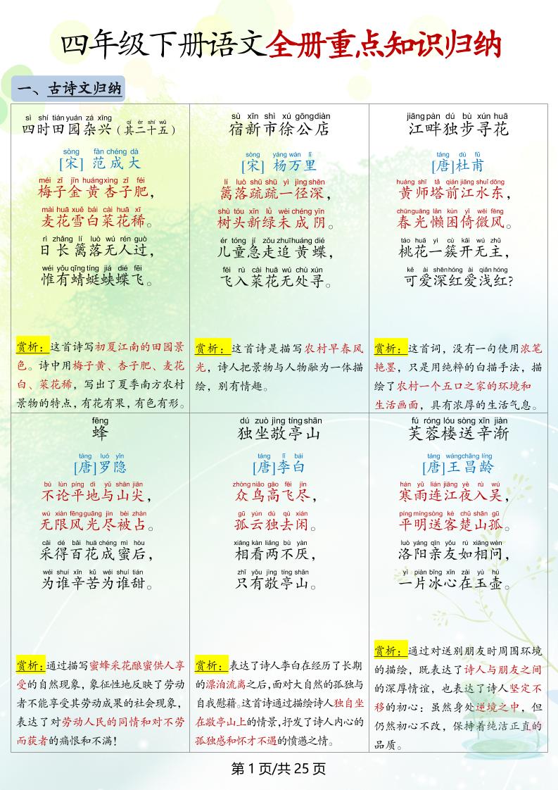 四下语文全册重点知识归纳-多金网赚