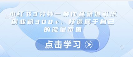 小红书3分钟一条作品精准引流创业粉300+，打造属于自己的流量帝国-多金网赚网