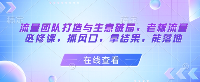 流量团队打造与生意破局，老板流量必修课，抓风口，拿结果，能落地-多金网赚网