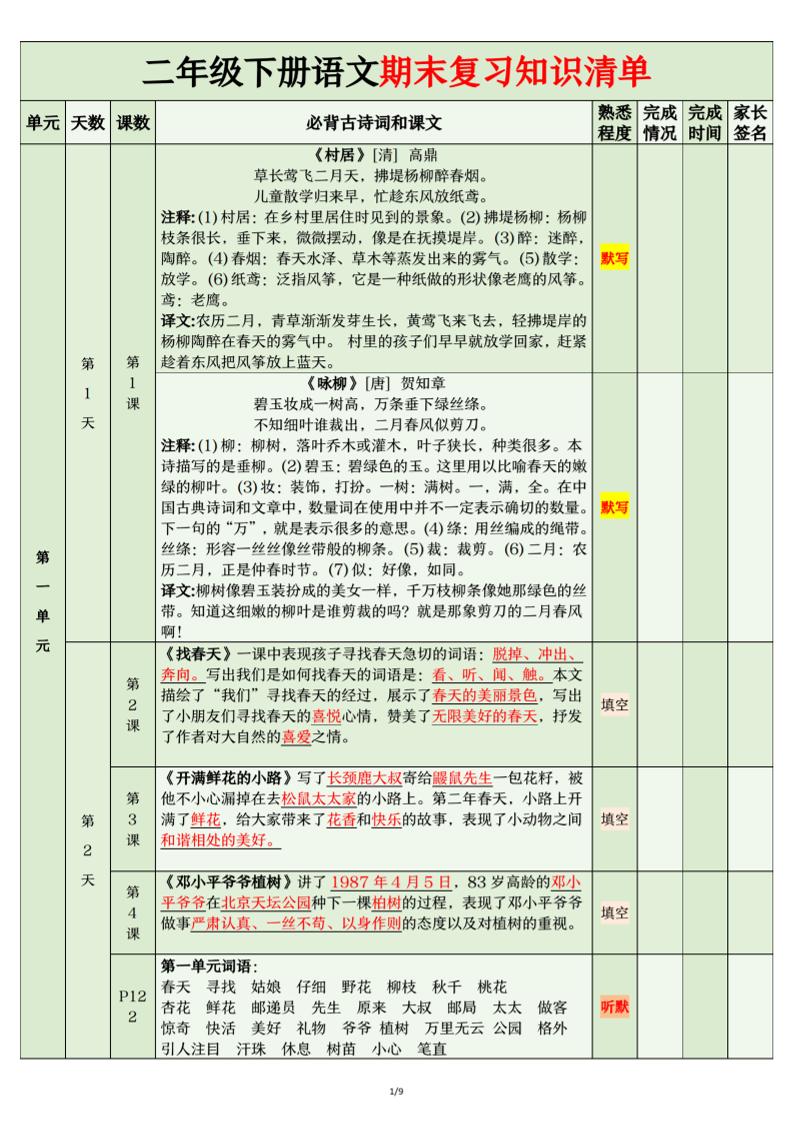 二年级下语文期末复习计划清单-多金网赚