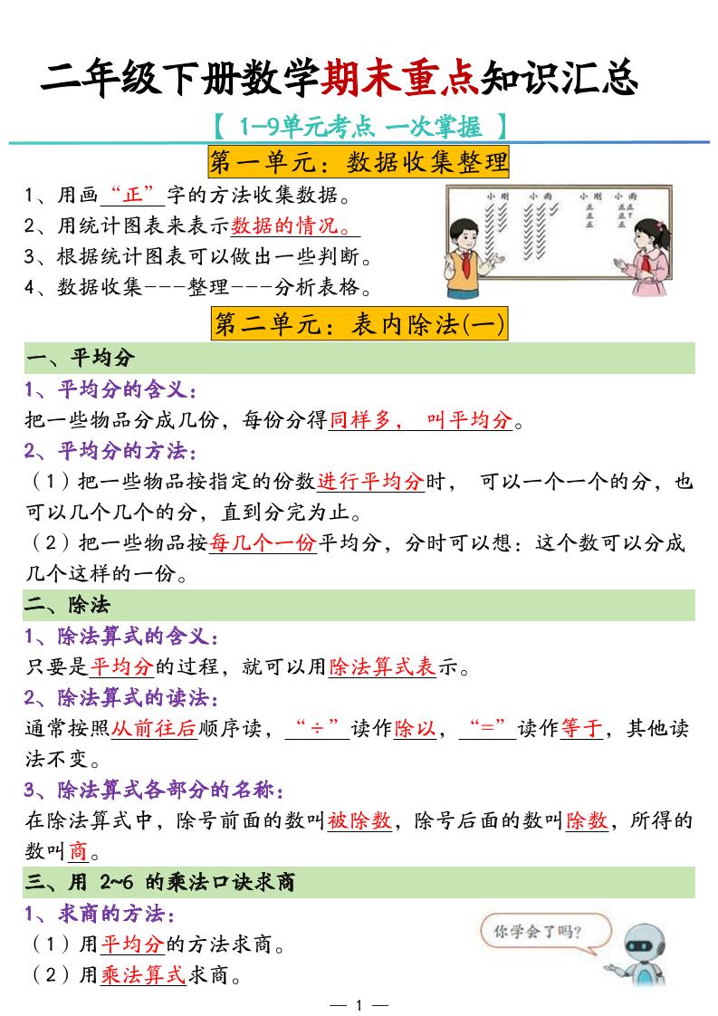 二年级下册数学期末重点知识汇总-多金网赚