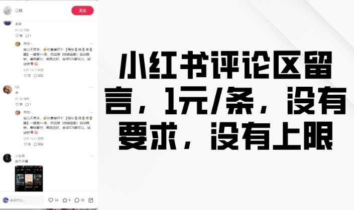 小红书评论区留言，1元条，没有要求，没有上限-多金网赚