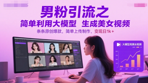 男粉引流之简单利用大模型生成美女视频，条条原创爆款，简单上传制作，变现日1k+-多金网赚
