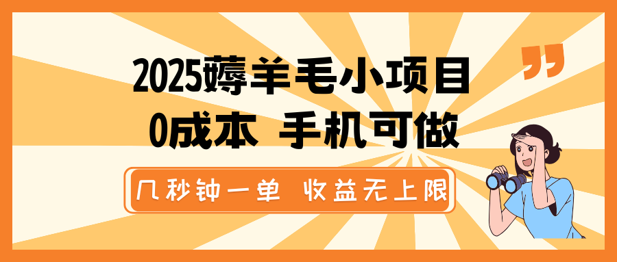 2025薅羊毛小项目，0成本 手机可做，几秒钟一单，收益无上限-多金网赚