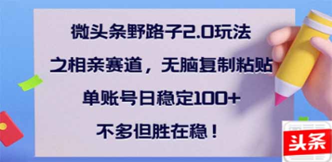 微头条野路子2.0玩法之相亲赛道，无脑搬砖复制粘贴，单账号日稳定300+…-多金网赚