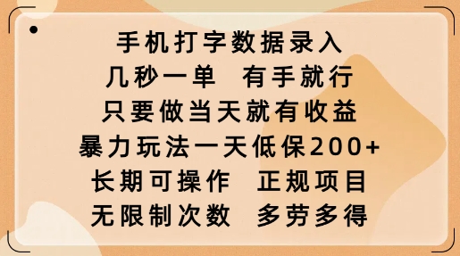 手机打字数据录入，几秒一单，有手就行，只要做当天就有收益，暴力玩法一天低保2张-多金网赚