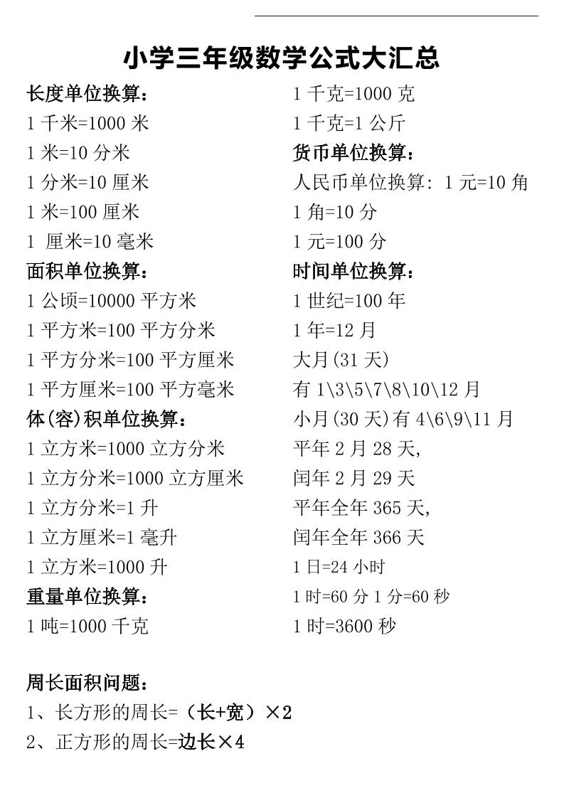 三年级下册数学公式大汇总-多金网赚
