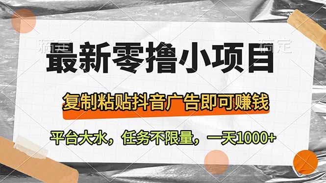 最新零撸小项目，复制粘贴抖音广告即可赚钱，平台大水，任务不限量，一…-多金网赚