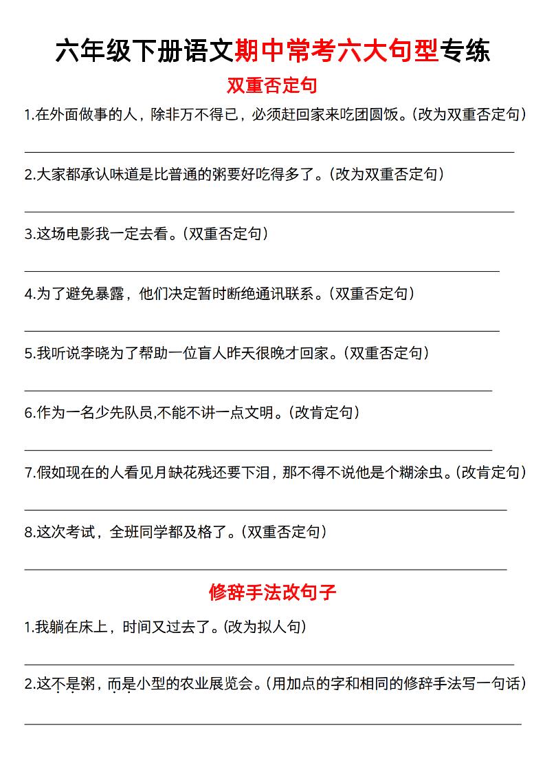 六下语文《六大句型期中考点专练》-多金网赚