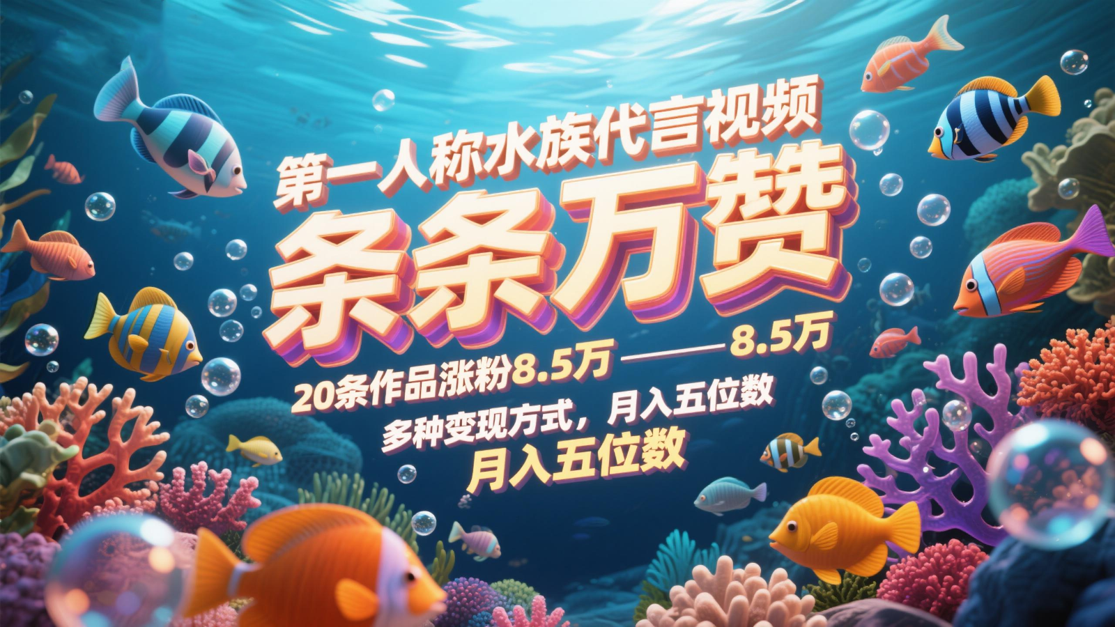 第一人称水族代言视频，条条万赞，20条作品涨粉8.5万，多种变现方式月，入五位数-多金网赚