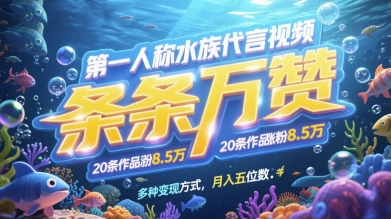 第一人称水族代言视频，条条万赞，20条作品涨粉7.8W，多种变现方式月入五位数-多金网赚网